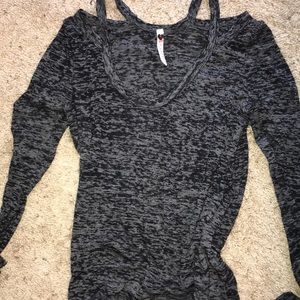 Semi off the shoulder black and grey shirt